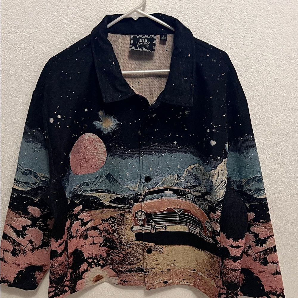 Rebel Vengeance Graphic Jacket with Mountain Scene Vintage Car